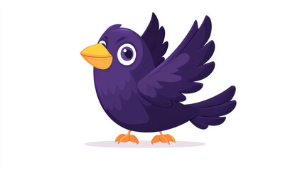 Fototapeta premium A vibrant purple crow with a bright yellow beak flutters joyfully, soaring toward the sky in a playful cartoon style.