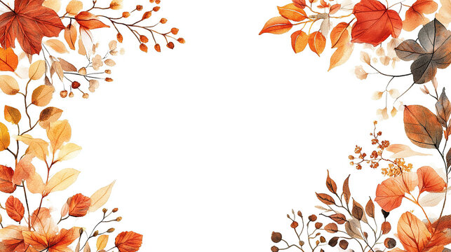Watercolor autumn floral frame border with white background