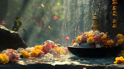 Fototapeta premium 3. **A peaceful depiction of the Jalabhishek ceremony in the early morning, with water cascading over the Shiva Lingam, accompanied by vibrant floral offerings and spiritual elements, creating a