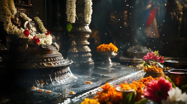 5. **A tranquil image of the morning Jalabhishek, highlighting the process of holy water being offered to the Shiva Lingam, surrounded by traditional temple decor, fresh flowers, and a peaceful