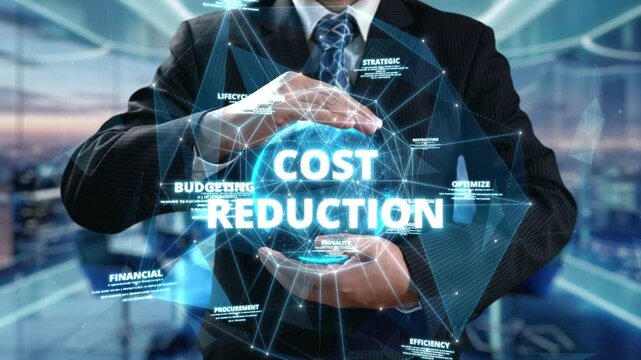 Cost reduction, cost saving concept shown by digital graphic UUID overlays, corporate business efficiently save cost and company resources by reduction of unnecessary expenses