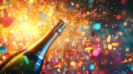 2. **A cheerful 2025 New Year poster depicting a lively celebration scene with confetti falling, a sparkling champagne bottle, and elegant party decorations, all set against a glowing, celebratory