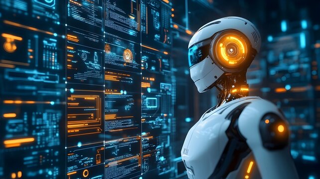Digital depicting a robot interacting with a human resources system