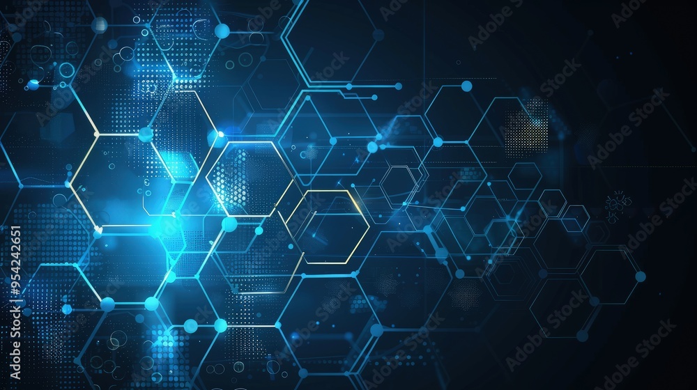 Poster abstract digital background featuring interconnected hexagons and glowing elements.