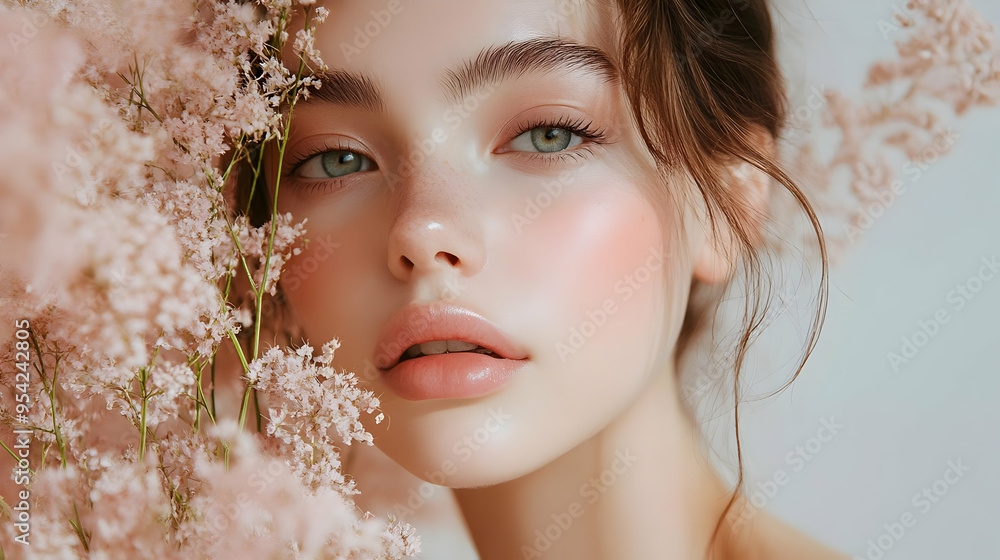 Canvas Prints Portrait of a beautiful woman with delicate pink flowers behind her, looking into the camera.