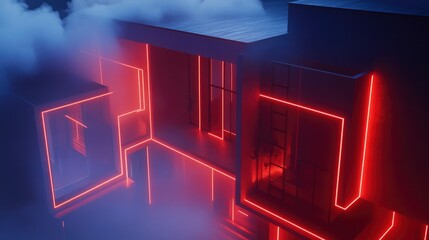 Bird's-eye view of a modern, minimalist villa adorned with neon-outlined geometric shapes that pulse and flicker.