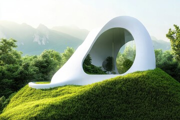 Fototapeta premium sustainable green building environmentally friendly buildings Future green business idea Environmental sustainability goals in 2050. White building shape amidst pristine nature. , ai