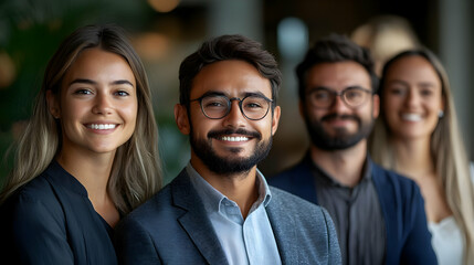 Fototapeta premium Portrait of a diverse group of four smiling professionals in a modern office setting.