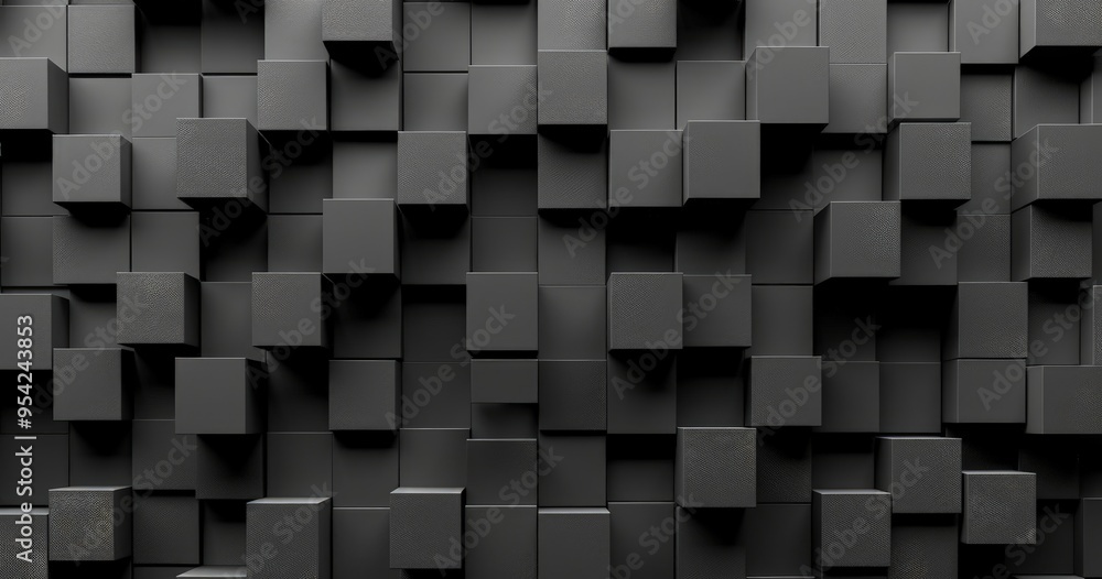 Poster a textured wall composed of black cubes in varying sizes, creating a modern design.