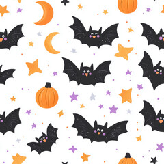 Halloween design featuring bats, pumpkins, and stars on a white background