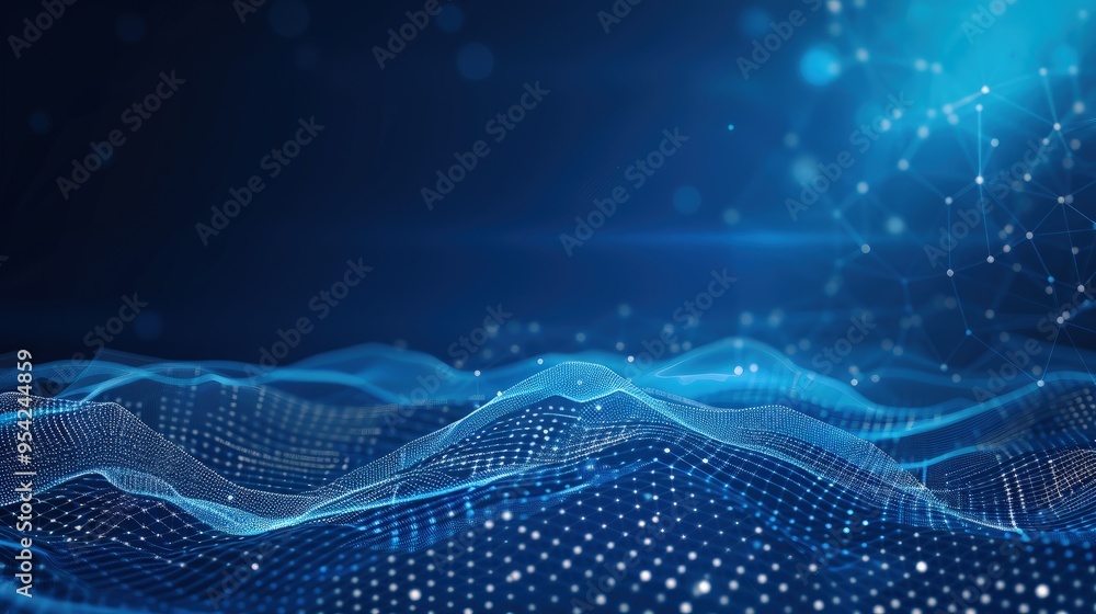 Poster abstract digital landscape with flowing lines and glowing particles.