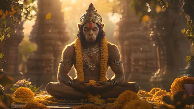 2. **A serene depiction of Lord Hanuman seated in a meditative posture, with a peaceful expression, adorned in traditional attire and surrounded by a soft, glowing aura that signifies his divine