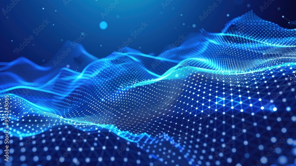 Poster a digital wave pattern with blue tones, representing data or technology concepts.