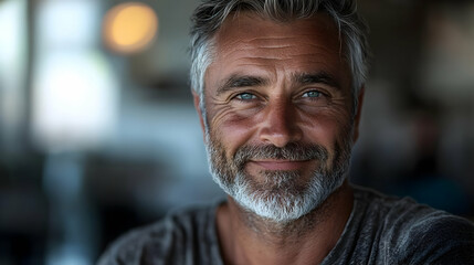 Obraz premium Portrait of a smiling mature man with graying hair and beard.