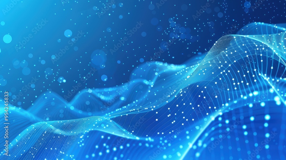 Poster abstract blue wave pattern with glowing dots representing data or technology concepts.