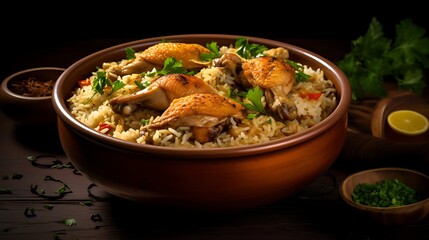 A savory and comforting bowl of chicken and rice with saut?(C)ed onions and spices.