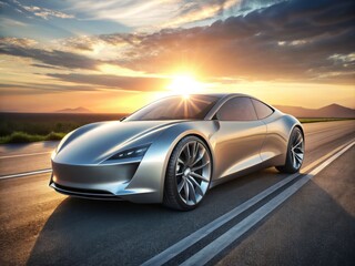 Naklejka premium Sleek, silver luxury electric vehicle parked on a sunny road, futuristic design and advanced technology evident in its