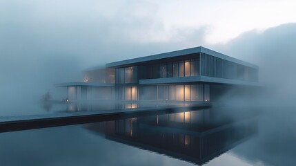 Fototapeta premium luxuary view of Drone perspective of a Scandinavian-inspired villa with a minimalist, monochromatic Halloween theme, featuring sleek.