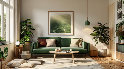 Modern living room with a forest green sofa, cream-colored walls, and light wood flooring