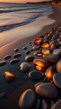 Beautiful shining pebbles on a beach inn evening 
