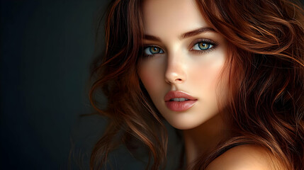 Fototapeta premium Portrait of a young woman with long, red hair, looking directly at the camera.