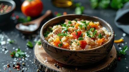 This close-up image captures a vibrant and appetizing Italian pasta dish in a wooden bowl.