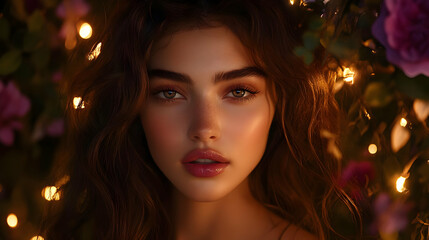 Portrait of a young woman with soft, warm light and flowers.