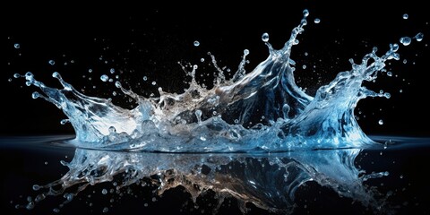 of water splashes against a black background, water, splashes, black, background,, realistic, dynamic, movement, impact