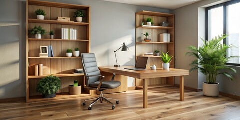 Fototapeta premium Sleek wooden desk with ergonomic chair, empty walls, and a few selected books and decorative items create a