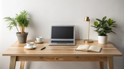 Fototapeta premium Sleek wooden desk with laptop, notebook, and minimalist decorative accents, set against a clean white background,