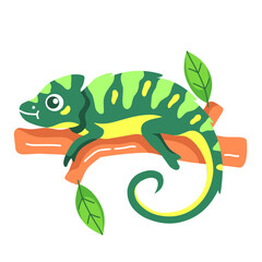 cute chameleon on tree trunk cartoon illustration. unique animal concept that can camouflage. colorful design good for children's t-shirts, picture books, stickers and others