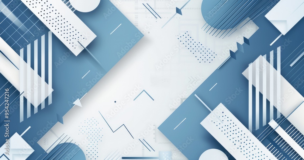 Poster abstract geometric design in blue tones with various shapes and patterns.
