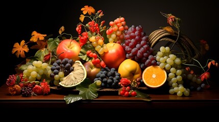A stunning arrangement of seasonal fruits, including berries, melon, and citrus, on a decorative platter with a floral pattern.