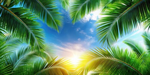 Naklejka premium Tropical palm leaves against a bright sky , exotic, green, nature, foliage, summer, botany, tropical, palm tree, leaf, vibrant