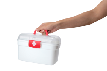 Man holding a white emergency first aid kit box isolated on white background