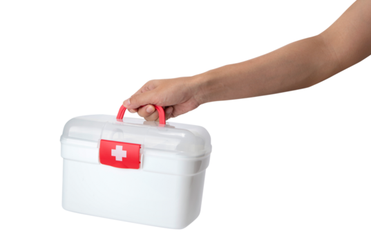 Man holding a white emergency first aid kit box isolated on white background