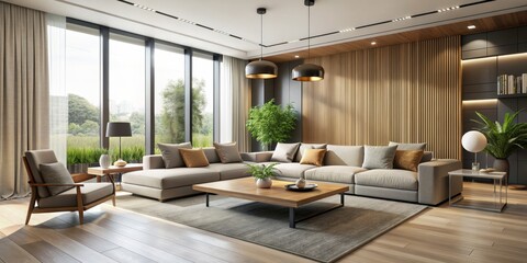 Modern living room with minimalist design, sleek furniture, neutral colors, and natural light, modern