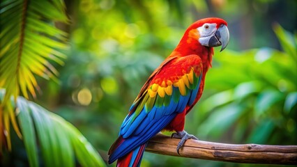 Close-up photo of a colorful Macaw perched on a branch in the rainforest, wildlife, nature, exotic, bird, tropical