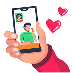 video call of a couple of lovers.vector illustration.communication by video via smartphone.flat design on white background