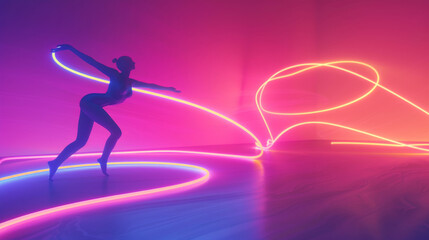 Obraz premium 3D illustration of a yoga dancer silhouette in sport pose in space with vibrant colorful neon lights and glow holographic lines in dreamy cyberpunk fashion style gradient red purple background