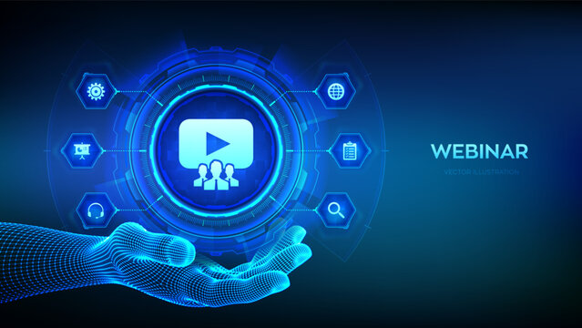 Webinar icon in wireframe hand. Internet conference. Web based seminar. Distance Learning. E-learning Training business technology Concept on virtual screen. Vector illustration.
