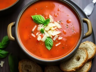 A bowl of homemade tomato basil soup, topped with a sprinkle of Parmesan cheese and served with crusty bread.