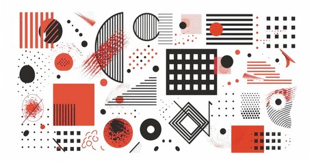 Abstract composition of geometric shapes and patterns in red, black, and white.