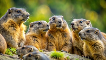 Close up shot of a group of marmots interacting in their natural habitat, marmots, group, wildlife, animals