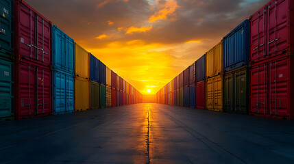Fototapeta premium Rows of colorful shipping containers with a sunset in the background.