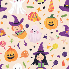 Halloween design featuring witches, ghosts, and candy on a light beige background