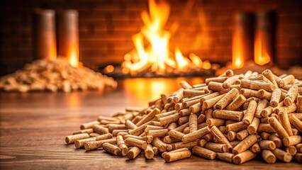 Cozy scene of wood pellets in foreground with warm glow of pellet stove in background