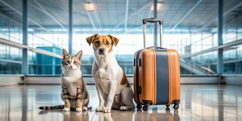 Journey companions Cat and dog sitting near luggage in an airport , travel, companionship, animals, pets, airport