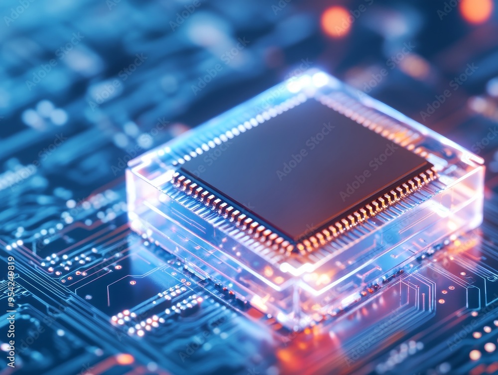 Poster close-up of a glowing microprocessor on a circuit board. a futuristic representation of technology a