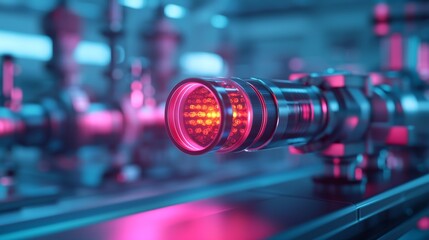 Close-up of a glowing red light on a metallic pipe in a laboratory setting. The background is a blur of blue and pink hues.